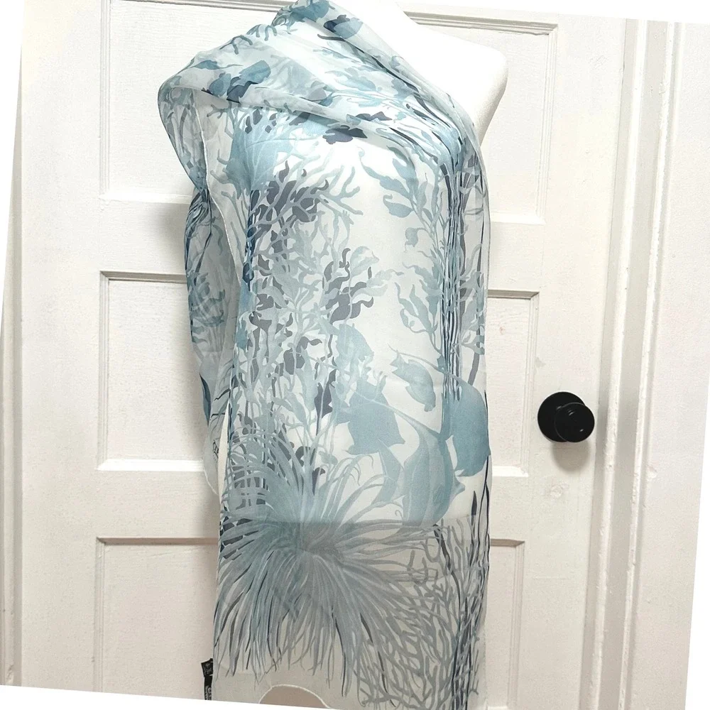 100% Silk Scarf Blue Tropical Print Made in Italy Atlantis Paradise Island 60x17